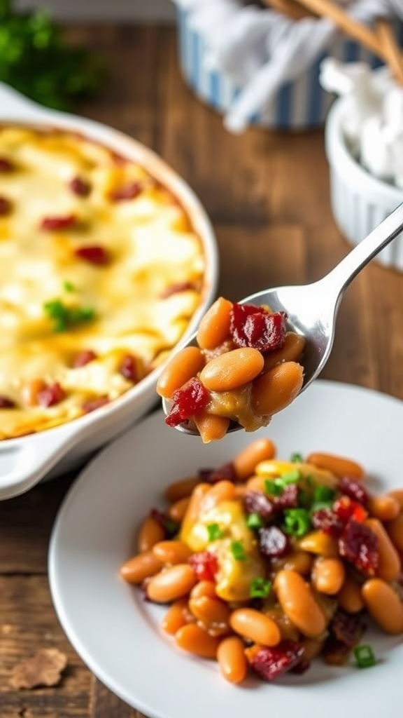 Hearty baked bean and bacon casserole in a dish, garnished with herbs, on a wooden table.